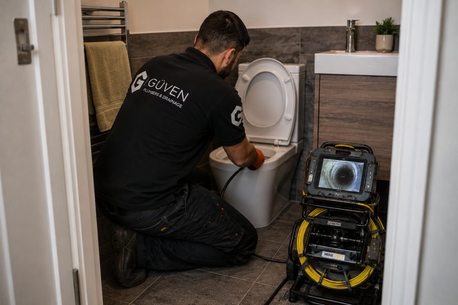 Güven Plumbers engineer running a CCTV drain survey